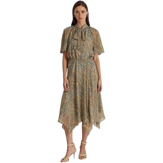 RALPH LAUREN Womens Dress M / Multi-Color RALPH LAUREN - Paisley Georgette Tie-Neck Dress