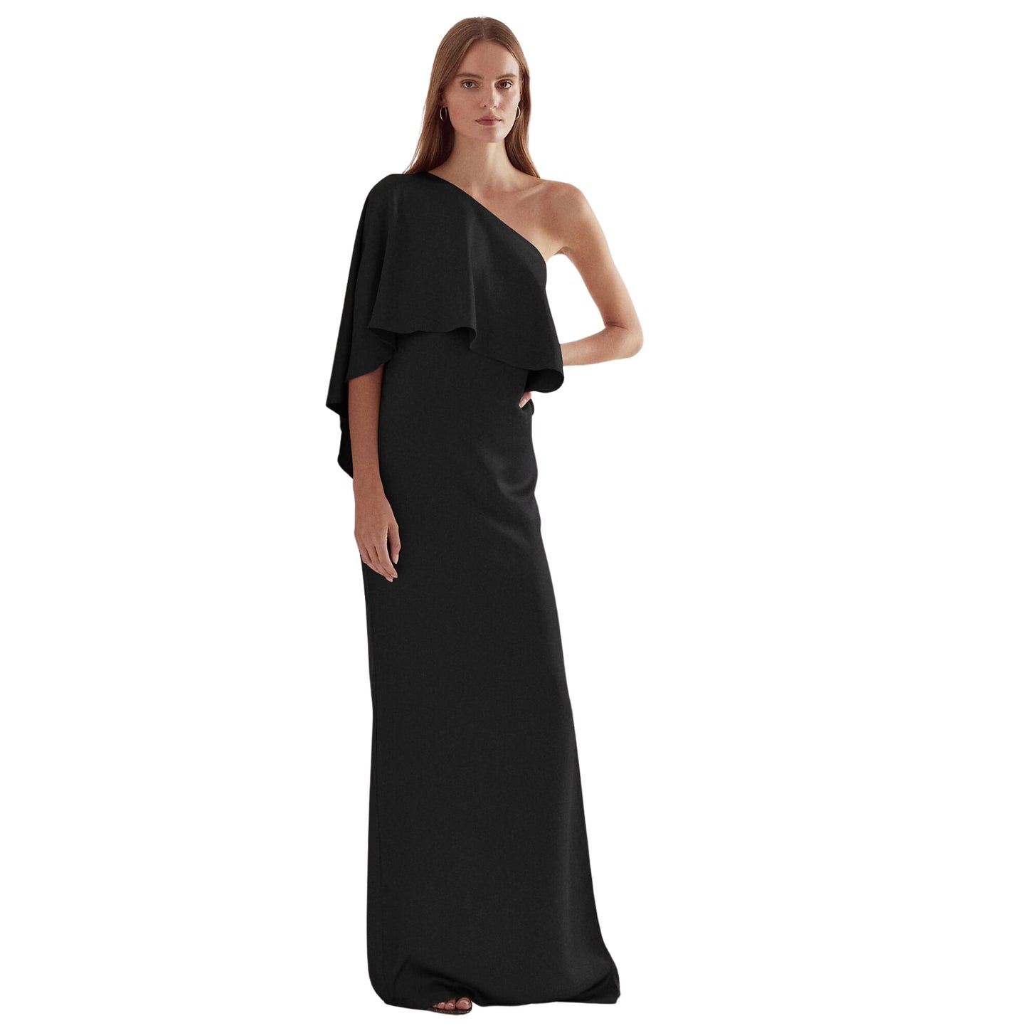 RALPH LAUREN Womens Dress L / Black RALPH LAUREN - Satin One-Shoulder Cape Gown