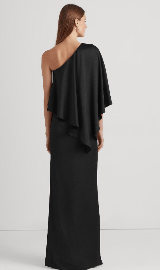 RALPH LAUREN Womens Dress L / Black RALPH LAUREN - Satin One-Shoulder Cape Gown