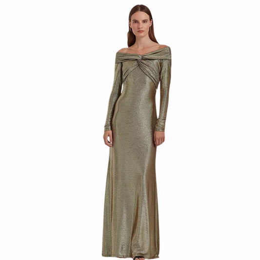 RALPH LAUREN Womens Dress S / Gold RALPH LAUREN - Women's Off-The-Shoulder Metallic Evening Dress