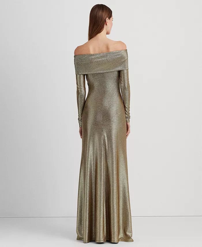 RALPH LAUREN Womens Dress S / Gold RALPH LAUREN - Women's Off-The-Shoulder Metallic Evening Dress