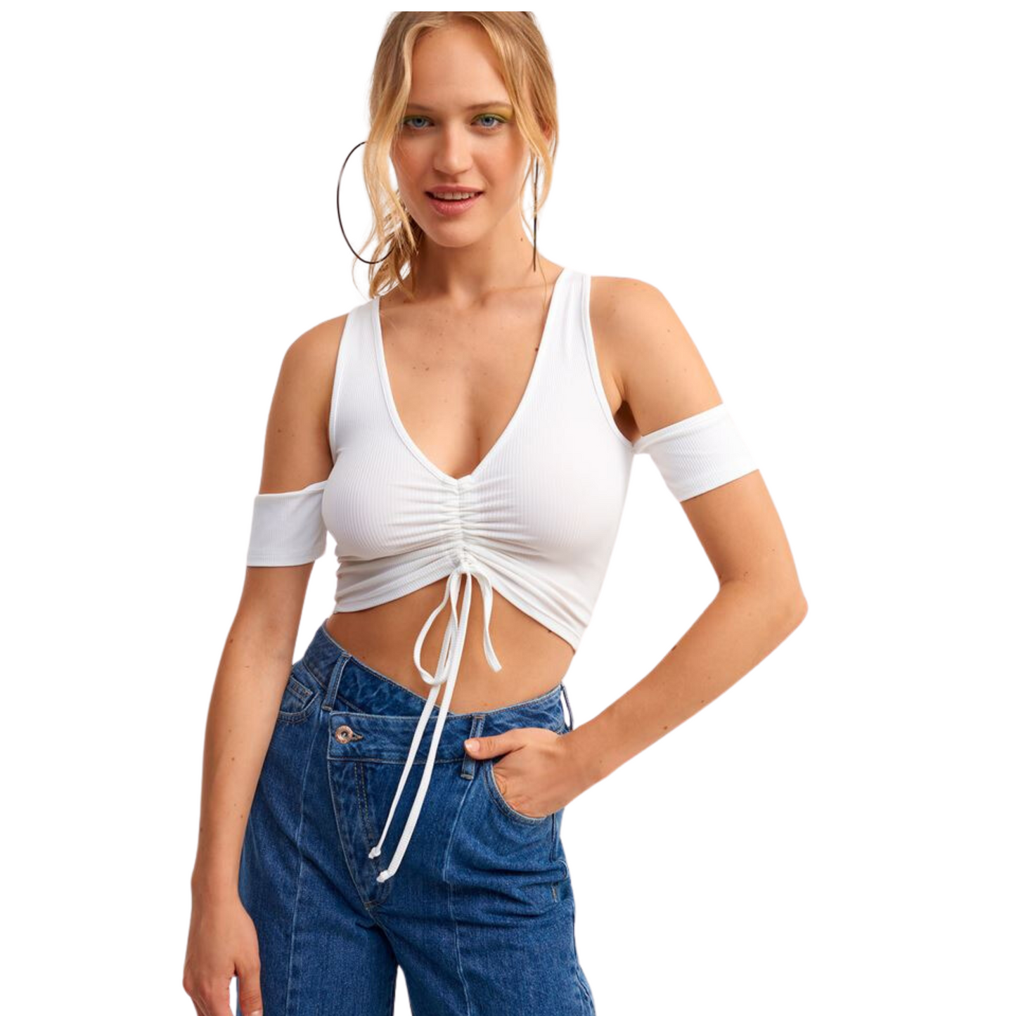 OXXO - V-neck Crop Top with Gathered Details