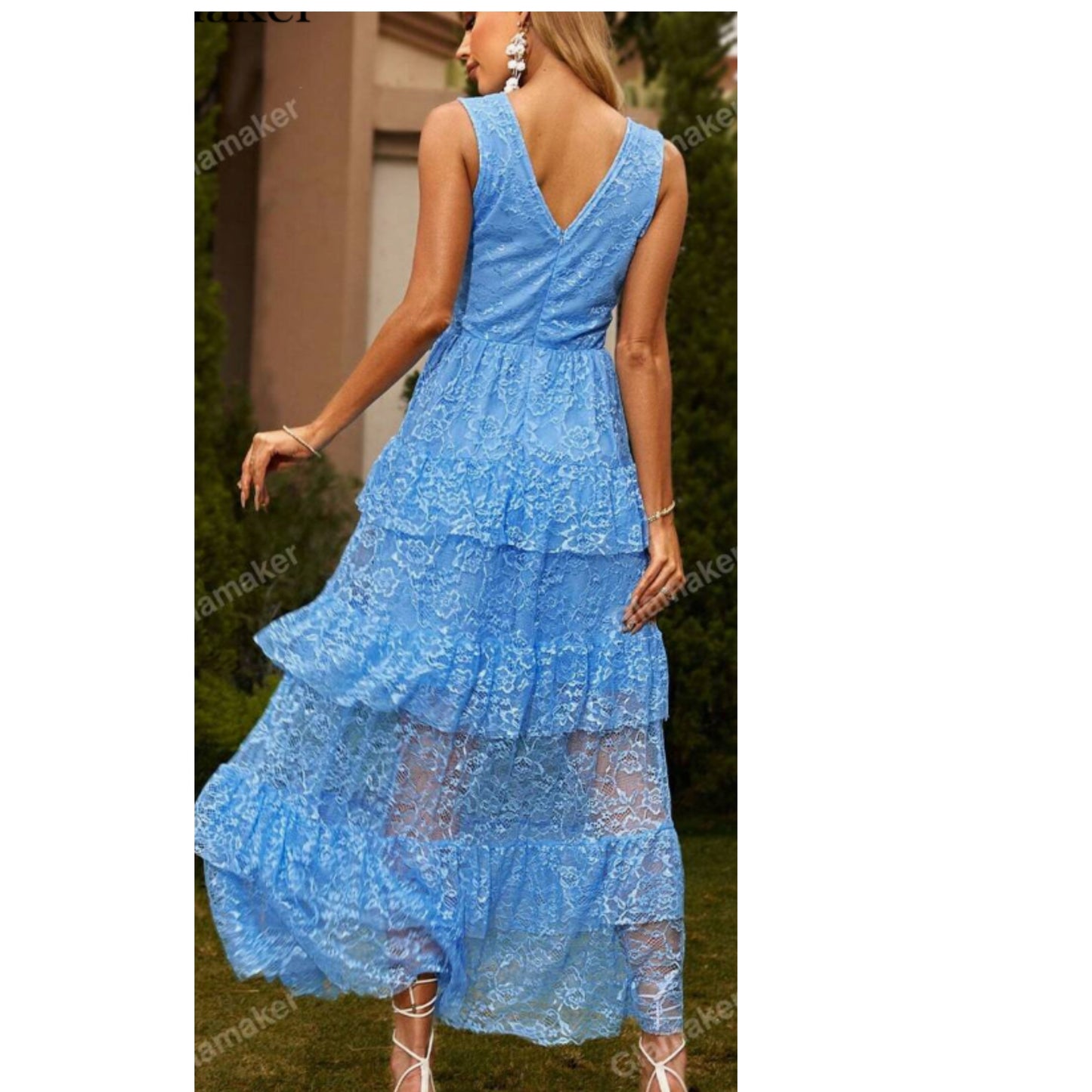 SHEIN - Plunging Neck Layered Ruffle Lace Midi Dress