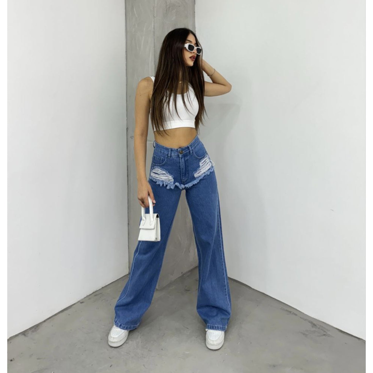 KENE - Blue Splicing Denim High Waist Fashionable