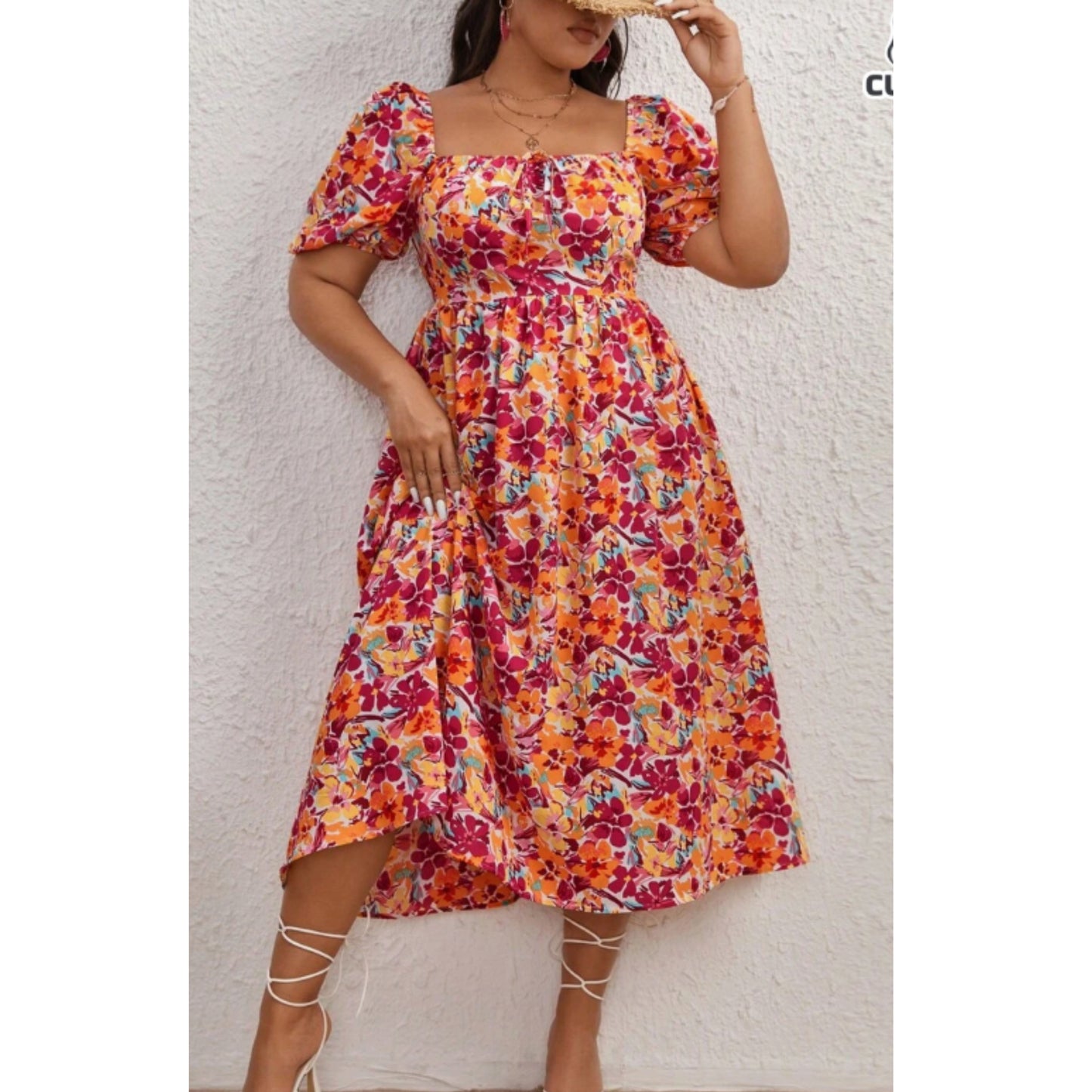 SHEIN - Allover Floral Print Square Neck Puff Sleeve  Midi Dress