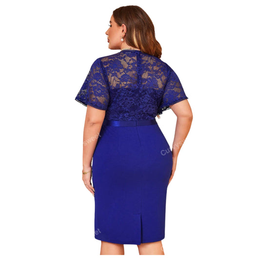 SHEIN - CurvySweet Round Neck Short Sleeve Lace Ruffle Short Dress