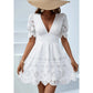 SHEIN -  Laser Cut Striped Bow  Puff Plunging Neck Sleeve Short Dress