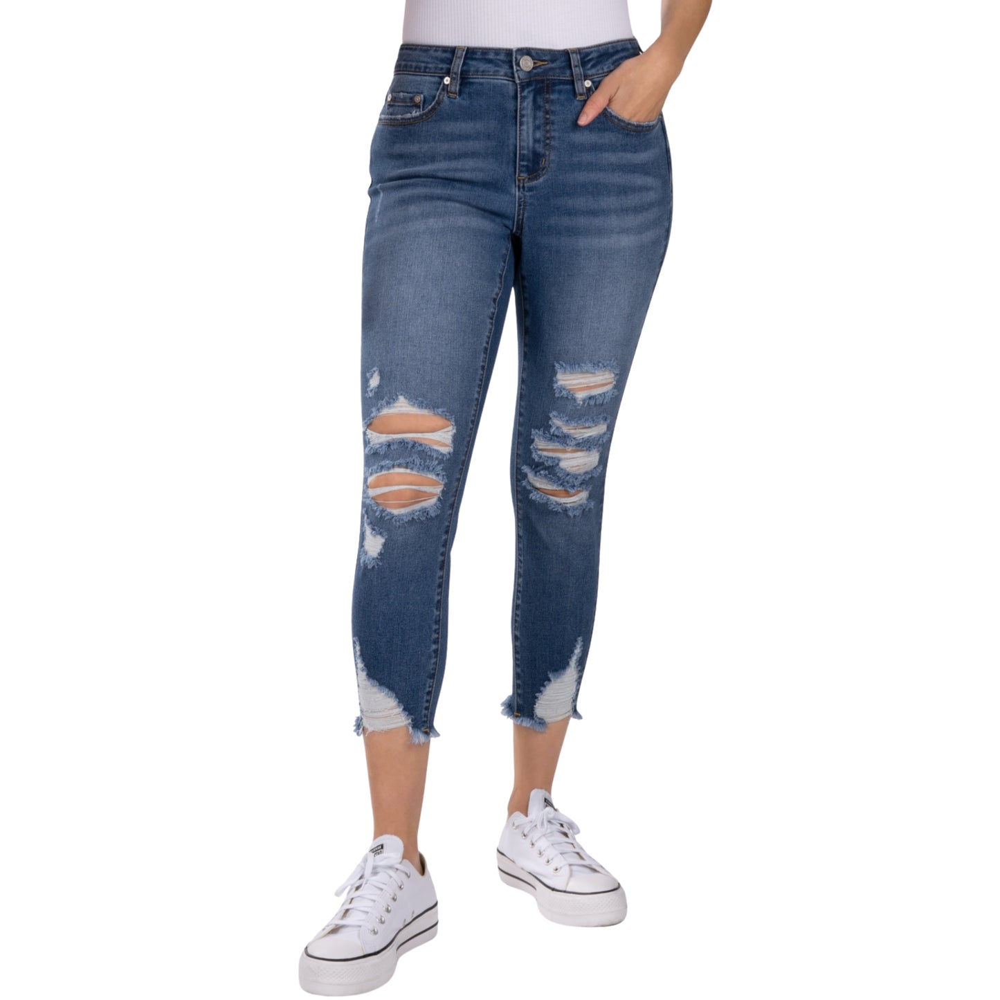 INDIGO REIN - Mid Rise Cropped Distress Jeans
