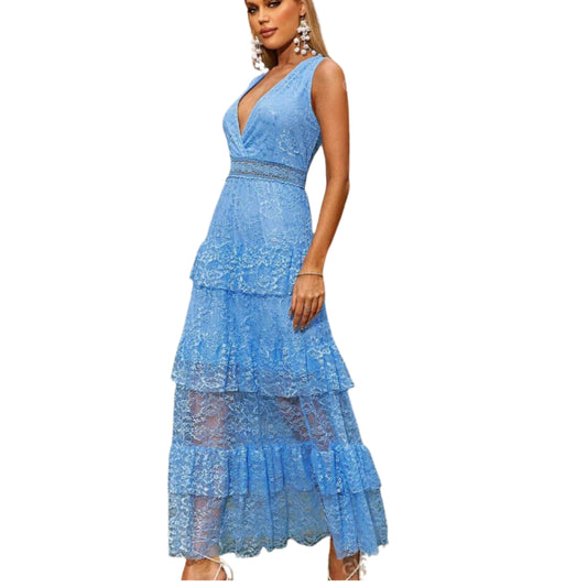 SHEIN - Plunging Neck Layered Ruffle Lace Midi Dress