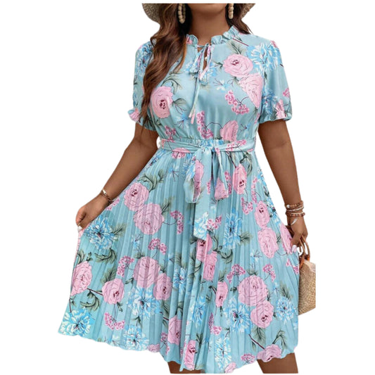 SHEIN - Print Belted Dress with Wrinkle Hem