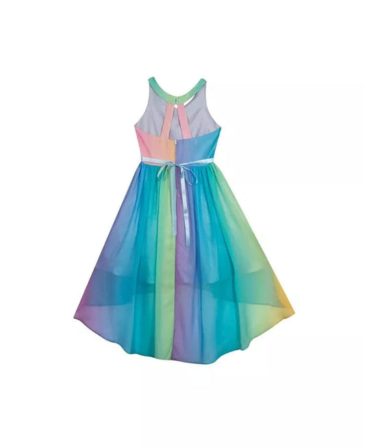 RARE EDITIONS Girls Dress RARE EDITIONS - KIDS - Rainbow Chiffon Hi-Low Dress with Trim
