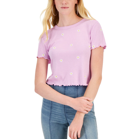 REBELLIOUS ONE Womens Tops XL / Purple REBELLIOUS ONE -  All Over Embroidered Lettuce-Hem T-Shirt