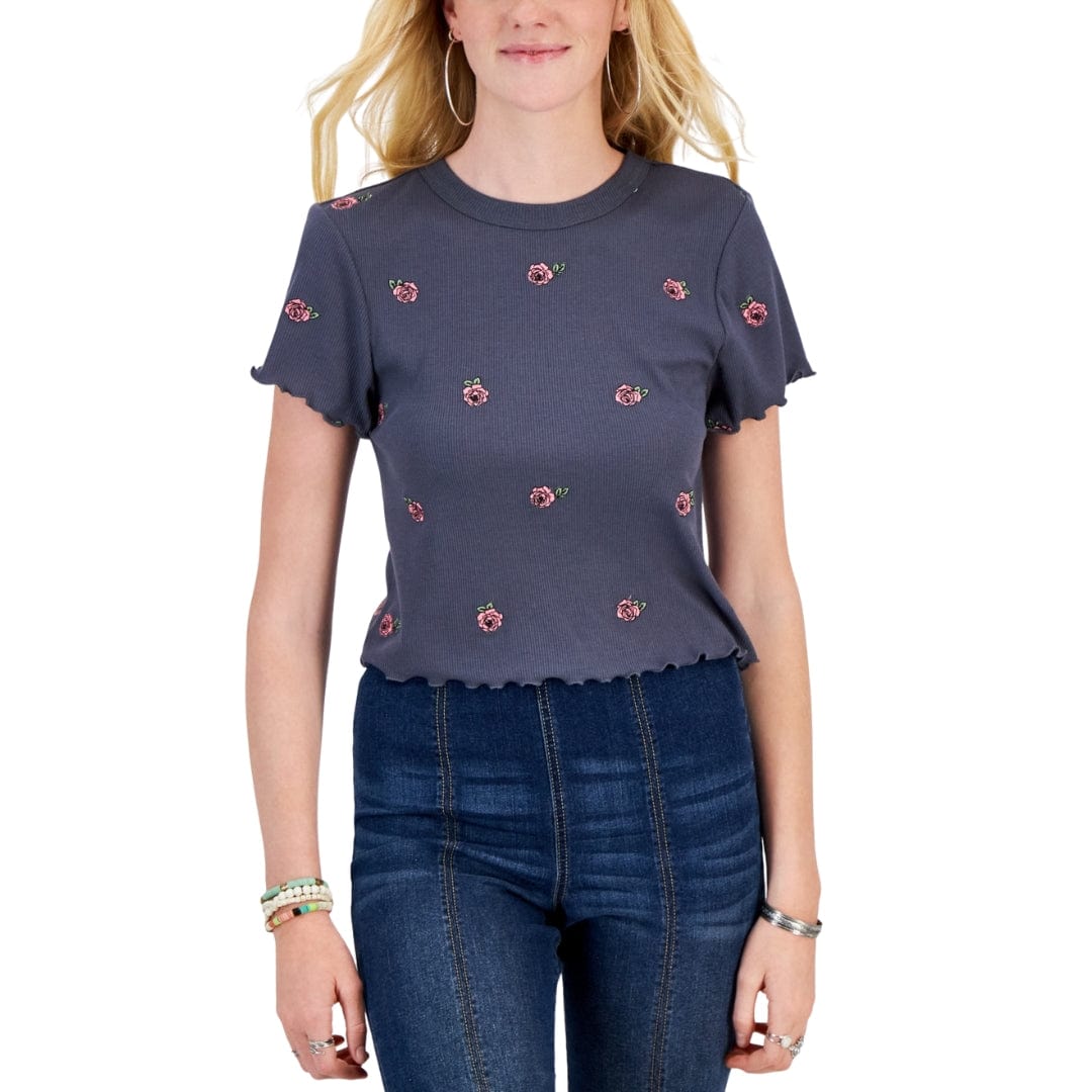 REBELLIOUS ONE Womens Tops REBELLIOUS ONE - All Over Embroidered Lettuce-Hem T-Shirt