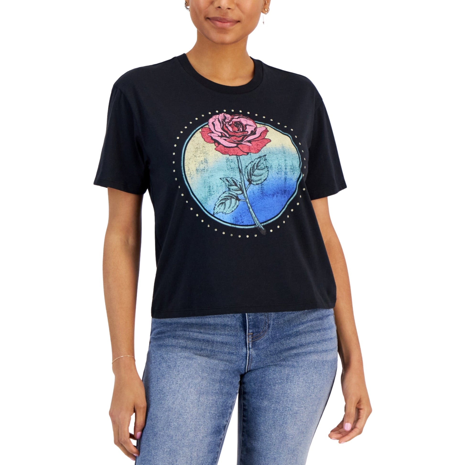 REBELLIOUS ONE Womens Tops M / Black REBELLIOUS ONE - Cropped Rose Short Sleeve T-Shirt