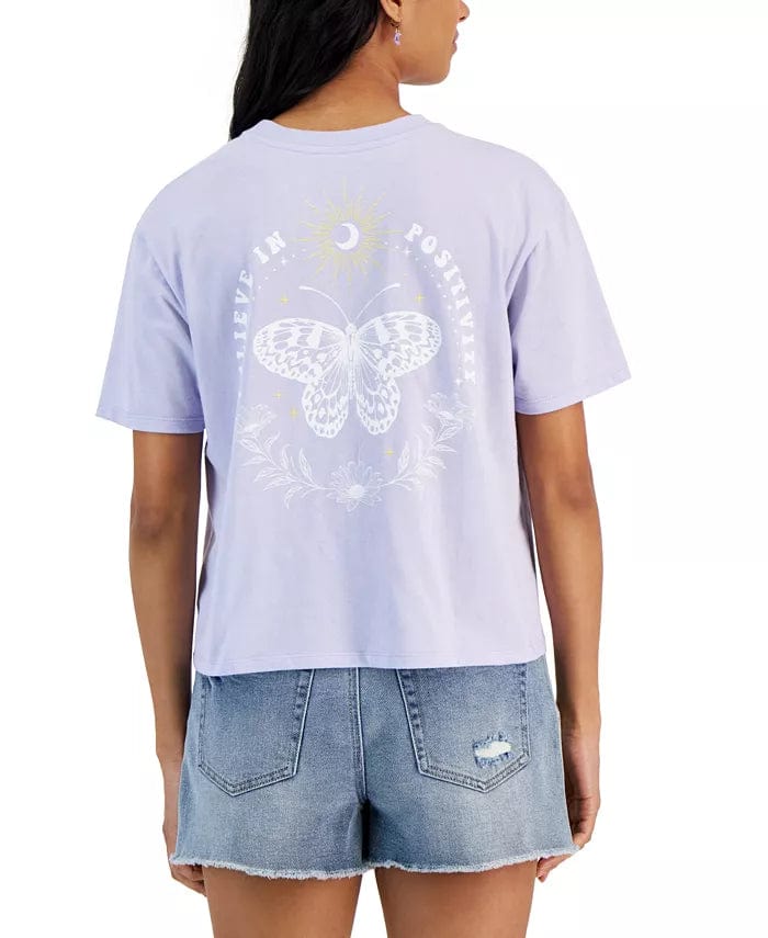 REBELLIOUS ONE Womens Tops XL / Purple REBELLIOUS ONE - Daisy Butterfly Graphic-Back Cropped T-Shirt