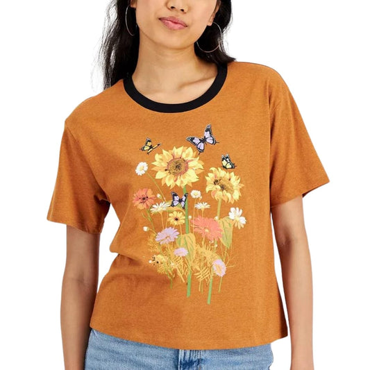 REBELLIOUS ONE Womens Tops S / Brown REBELLIOUS ONE - Floral-Graphic T-Shirt