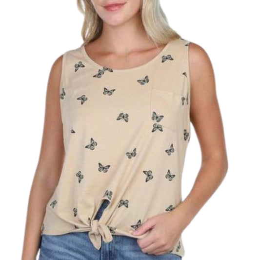 REBELLIOUS ONE Womens Tops S / Beige REBELLIOUS ONE - Printed Tie-Hem Tank Top