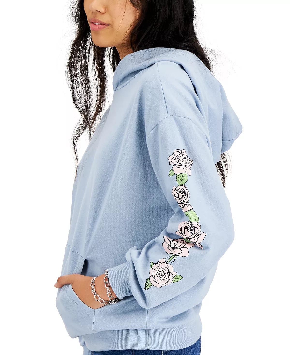 REBELLIOUS ONE Womens Tops L / Blue REBELLIOUS ONE - Rose-Graphic Pocket Hoodie