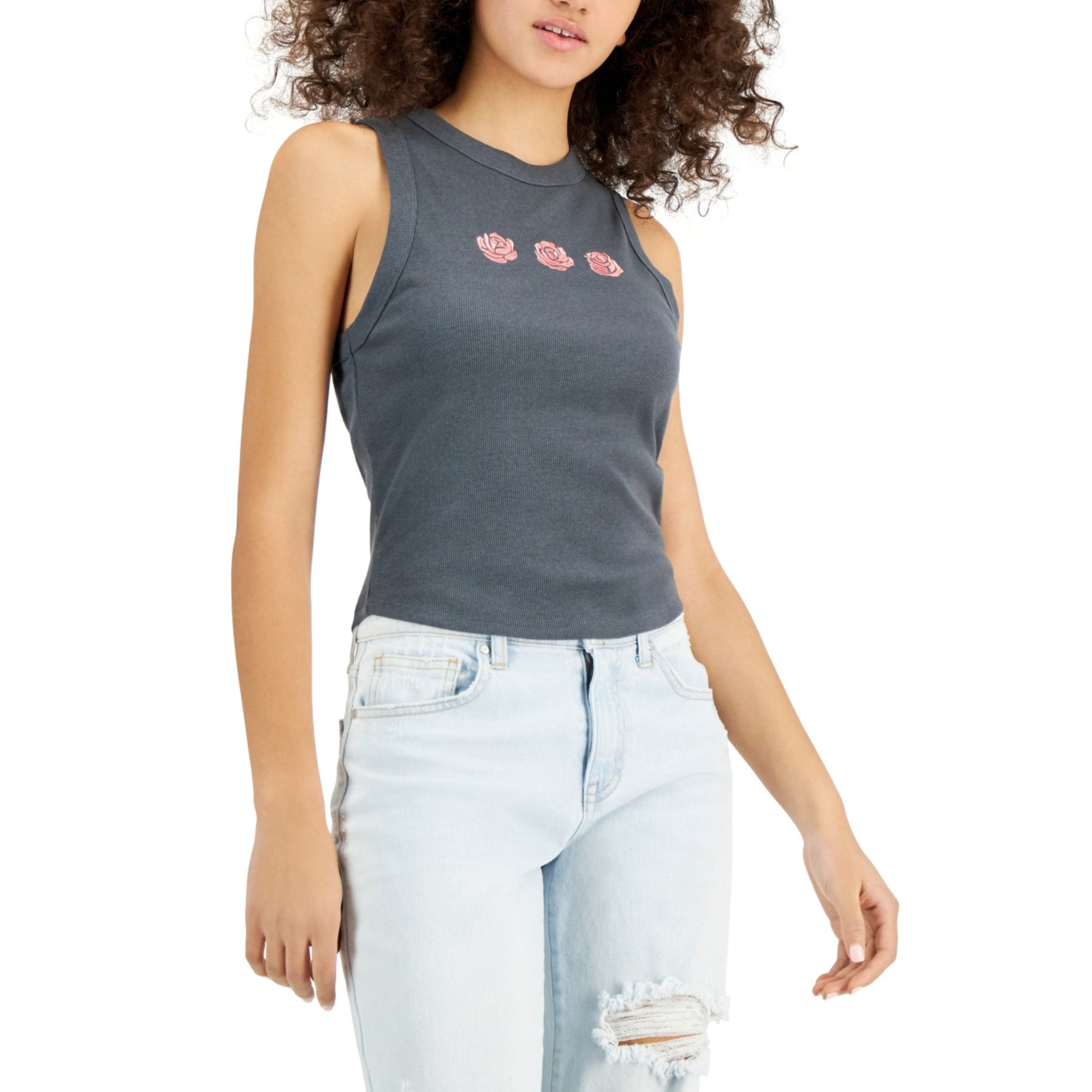 REBELLIOUS ONE Womens Tops M / Grey REBELLIOUS ONE - Roses Embroidery Tank Top