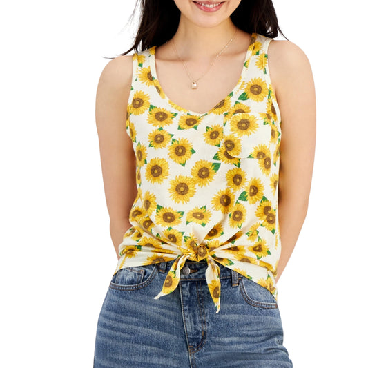 REBELLIOUS ONE Womens Tops XL / Multi-Color REBELLIOUS ONE - Sunflower-Print Tie-Hem Tank Top