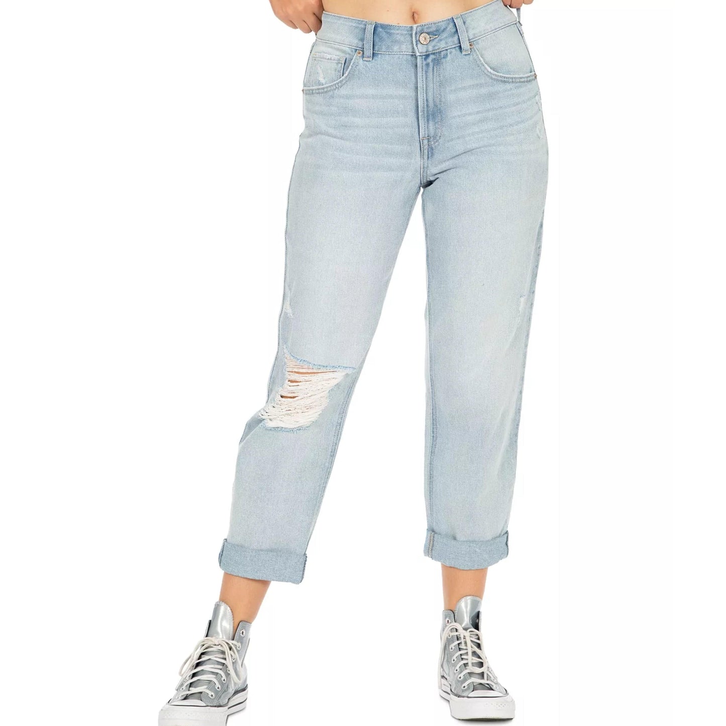 REWASH Womens Bottoms L / Blue REWASH -  Deconstructed High Rise Roll Cuff Dad Jeans