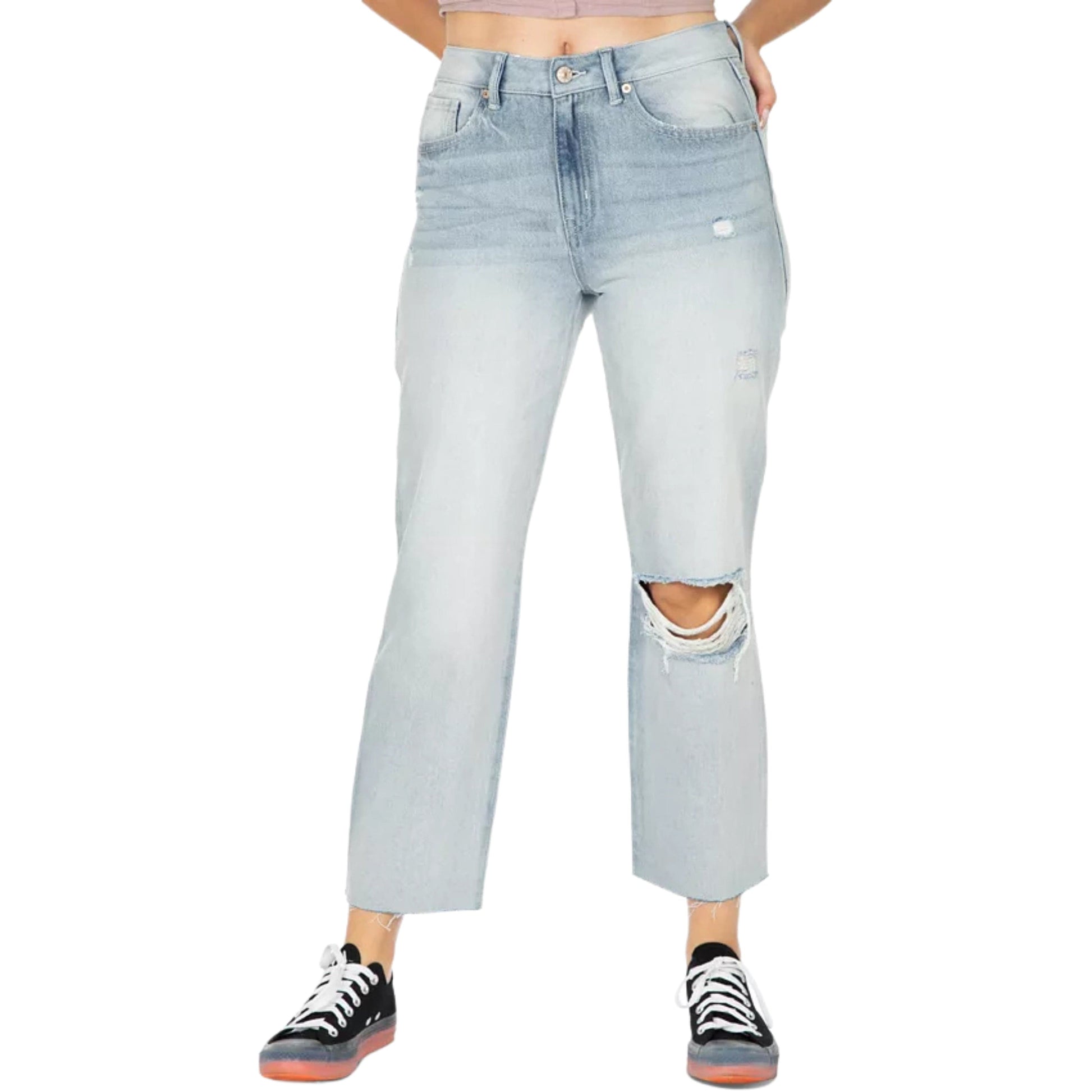 REWASH Womens Bottoms S / Light blue / 26 REWASH - Straight-Leg Cropped Ripped Jeans denim