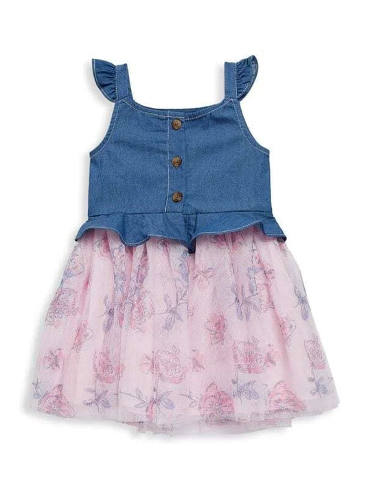 CALVIN KLEIN - Baby - Flutter Trim Denim and Floral Mesh Dress