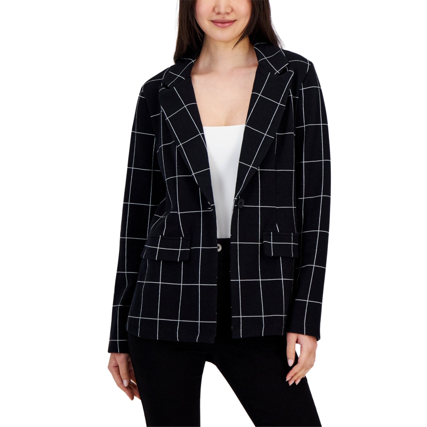 SELF ESTEEM Womens Jackets XS / Black SELF ESTEEM - Plaid Notched-Lapel Button-up Blazer