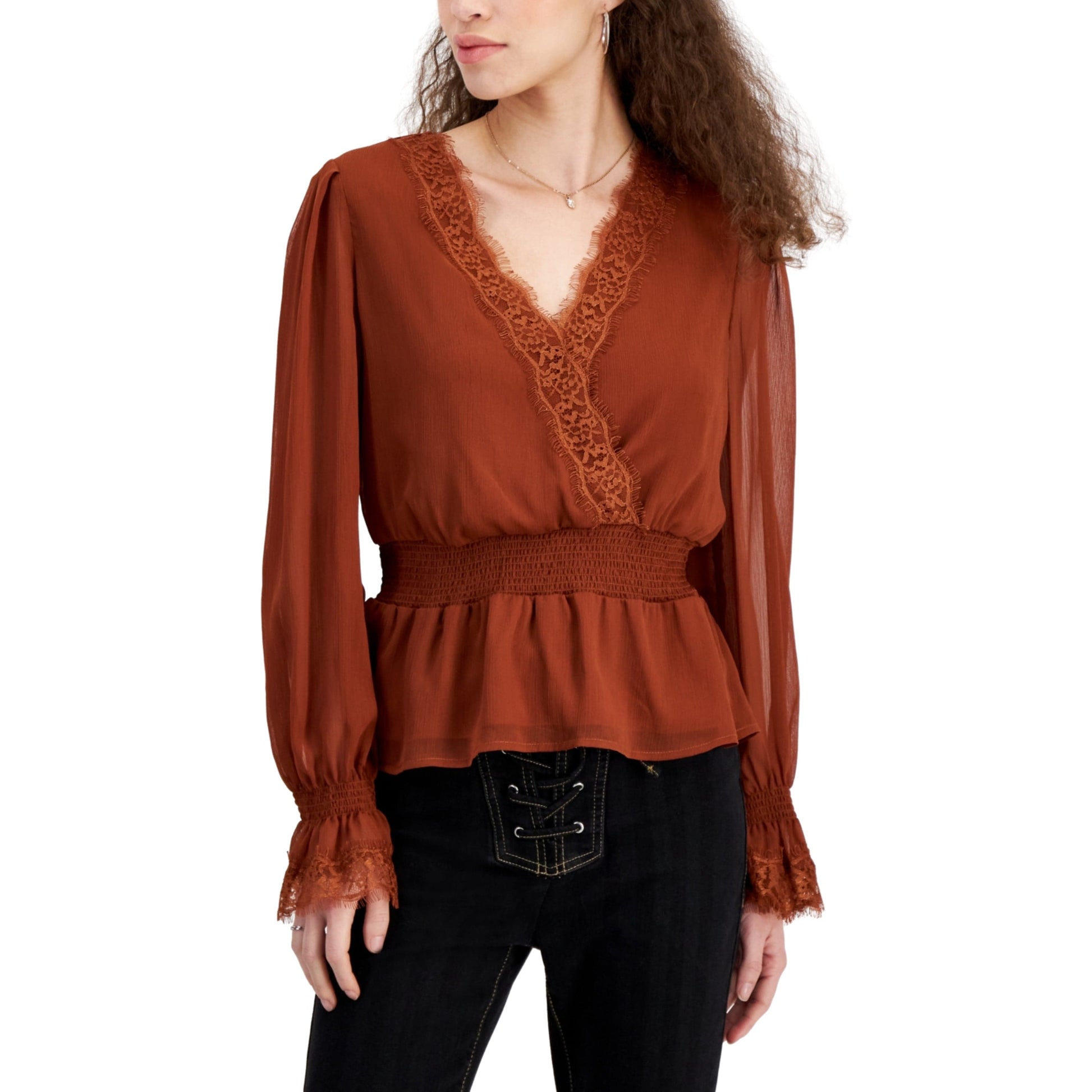 SELF ESTEEM Womens Tops XS / Brown SELF ESTEEM - Lace-Trim Bell-Sleeve Peasant Top