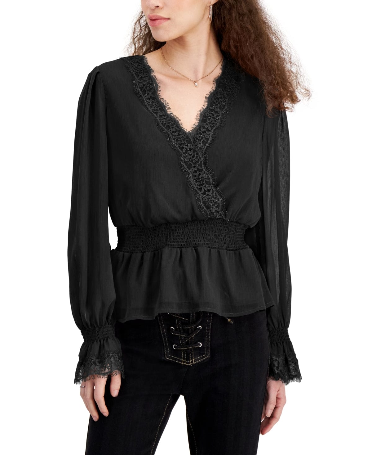 SELF ESTEEM Womens Tops L / Black SELF ESTEEM - Lace-Trim Bell-Sleeve Peasant Top