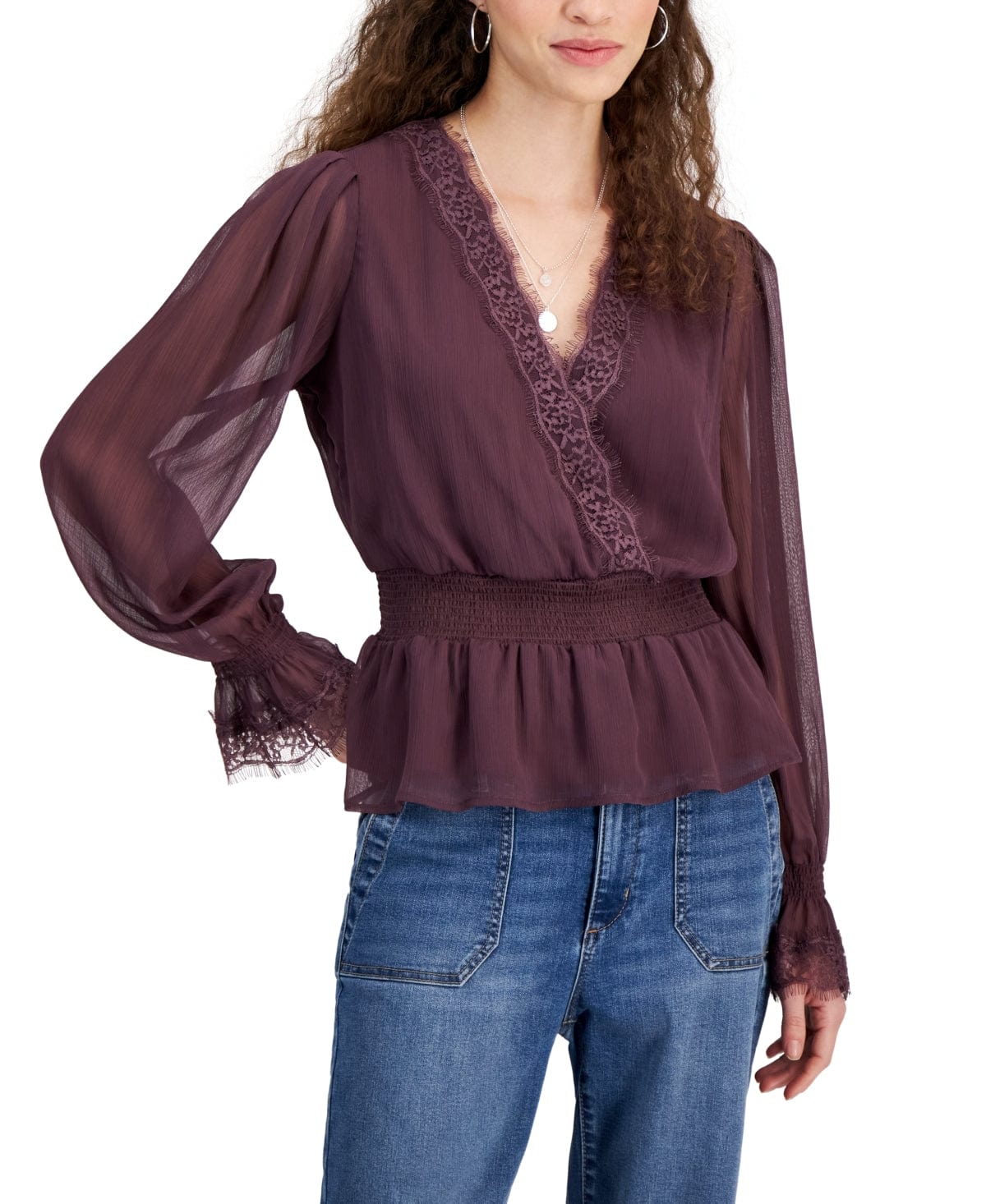 SELF ESTEEM Womens Tops XS / Purple SELF ESTEEM - Lace-Trim Bell-Sleeve Peasant Top