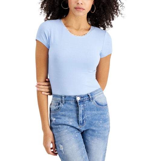 SELF ESTEEM Womens Tops XS / Blue SELF ESTEEM - Rib Knit Lace Trim Bodysuit
