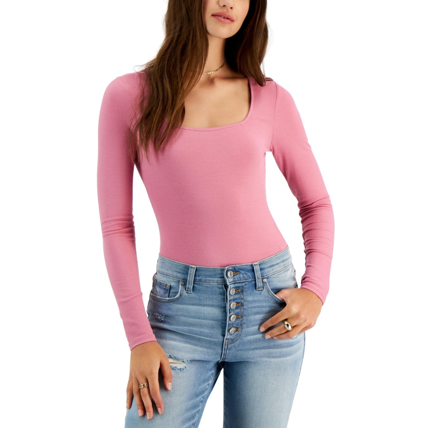 SELF ESTEEM Womens Tops M / Pink SELF ESTEEM - Ribbed Square Neck Bodysuit