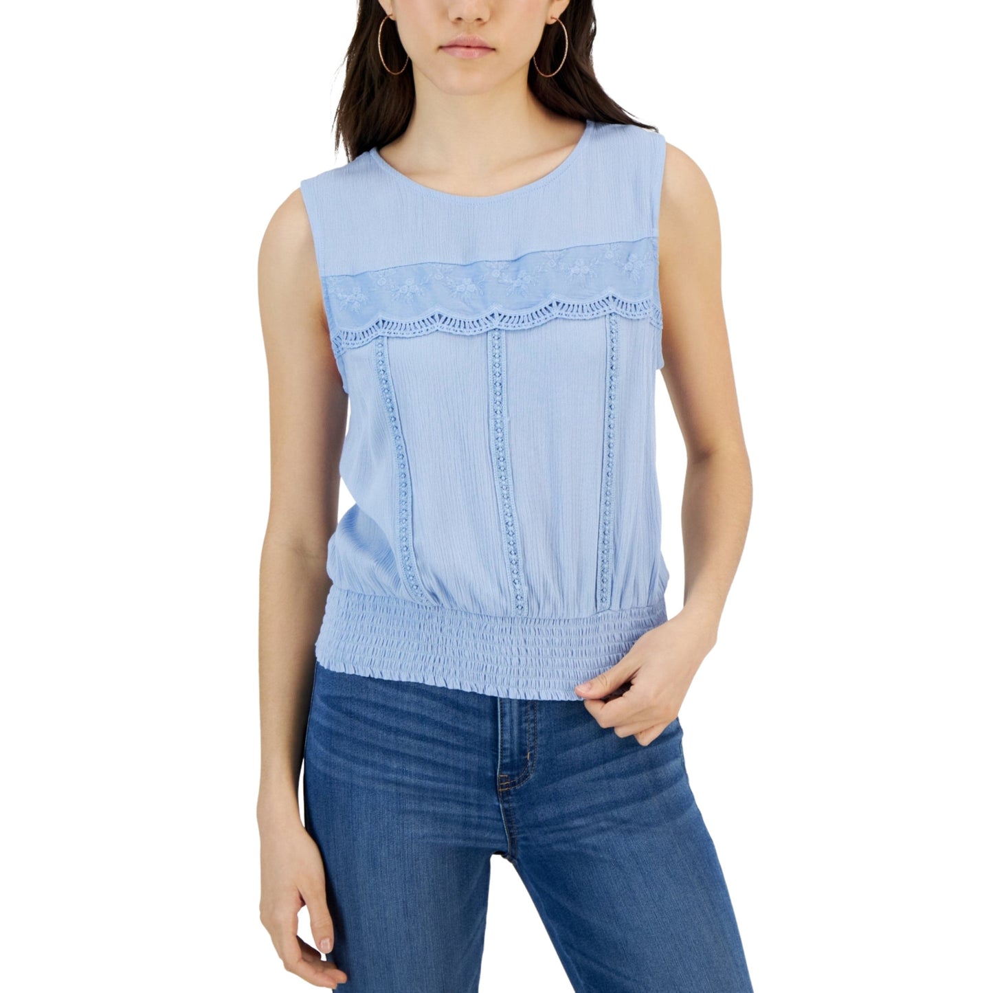 SELF ESTEEM Womens Tops XL / Blue SELF ESTEEM - Smocked-Waist Lace-Trim Tank Top