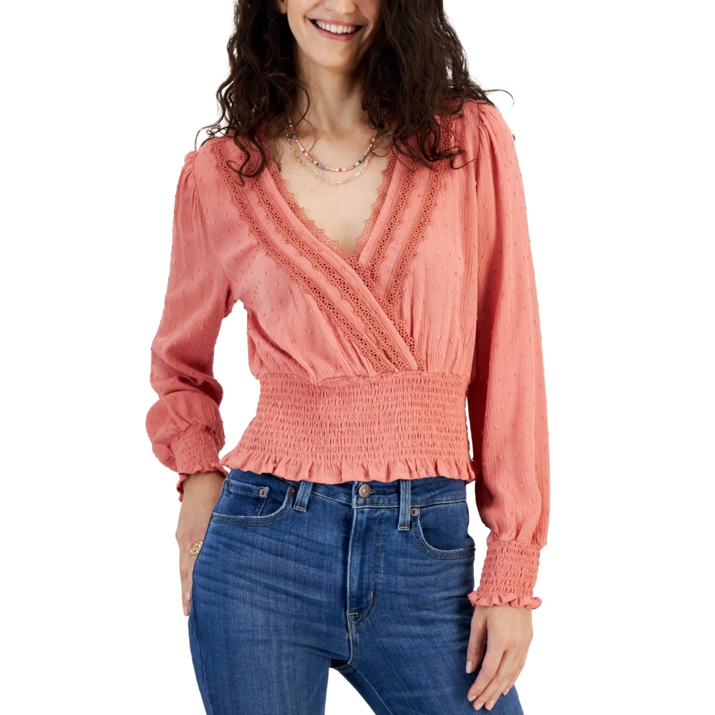 SELF ESTEEM Womens Tops M / Coral SELF ESTEEM - Surplice-Neck Long-Sleeve Clip Dot Smocked Blouse