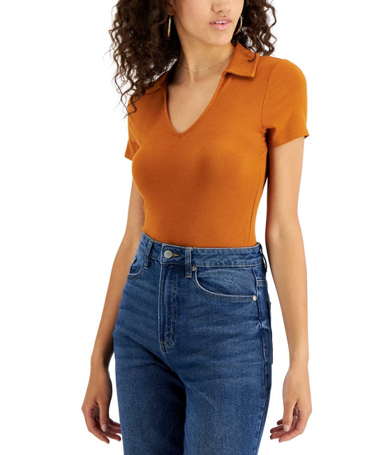 SELFIE Womens Tops S / Orange SELFIE - Ribbed Collared Bodysuit