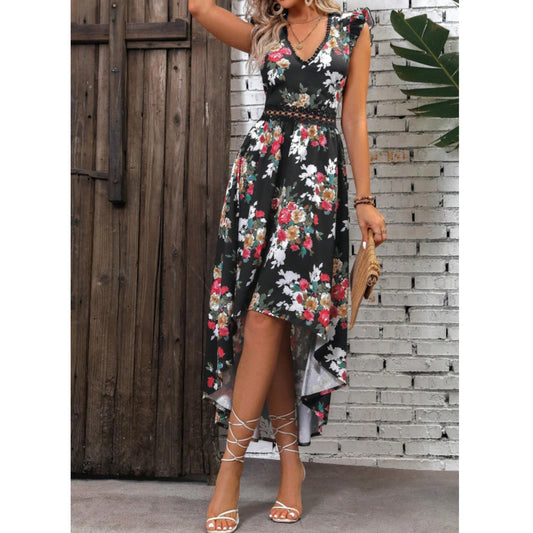 SHEIN - Floral Print Lace V-Neck A-Line Maxi Dress