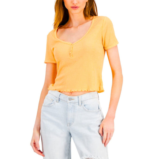 PLANET GOLD - Short Sleeve Henley Cropped T-Shirt