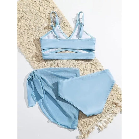 SHEIN Shein Girls Swimwear XS / Blue SHEIN - Patched Wrap Bikini Set With Beach Skirt