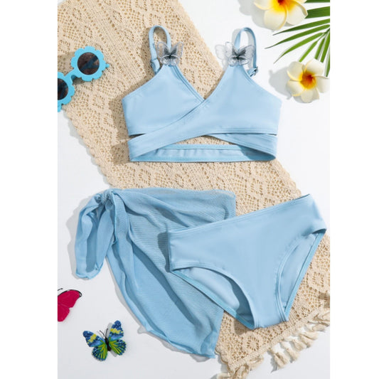 SHEIN Shein Girls Swimwear XS / Blue SHEIN - Patched Wrap Bikini Set With Beach Skirt