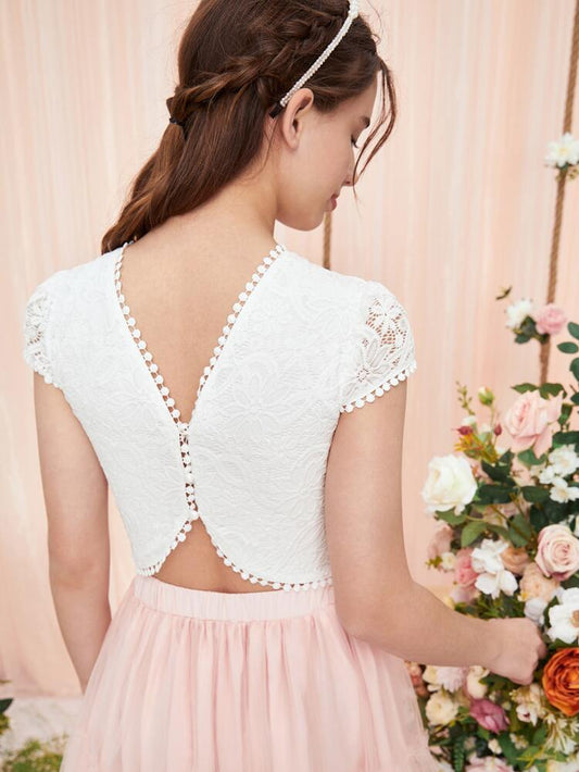 SHEIN Shein Girls Tops L / White SHEIN -  Lace Trim Back Button Blouse