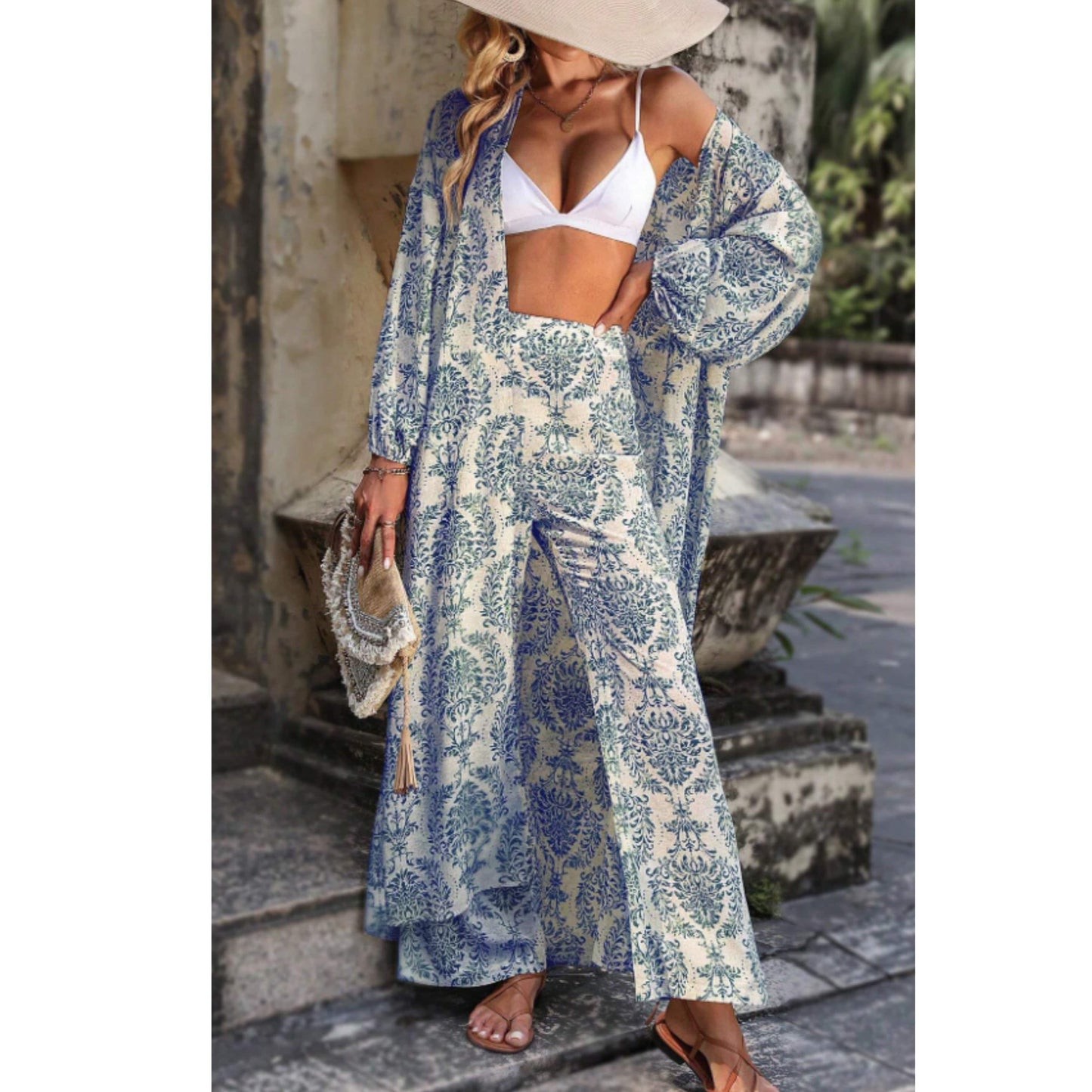 SHEIN Shein Women Sets XL / Multi-Color / 44 SHEIN - Allover Print Lantern Sleeve Open Front Coat & Wide Leg Pants Set