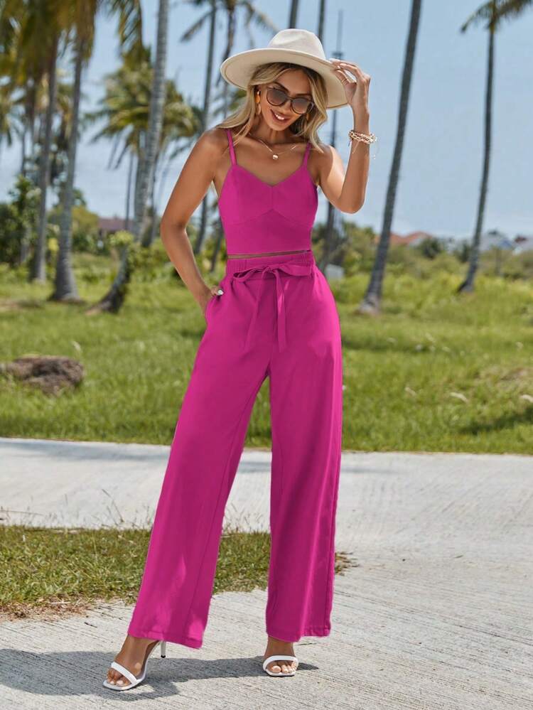 SHEIN Shein Women Sets M / Fuchsia / 28 SHEIN - Break Solid Cami Top & Wide Leg Pants Two Piece