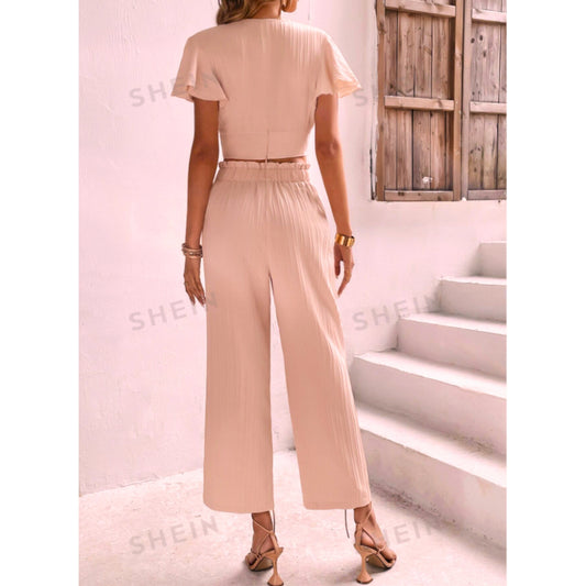 SHEIN Shein Women Sets S / Beige SHEIN - Butterfly Sleeve Crop Top & Paperbag Waist Trousers Set