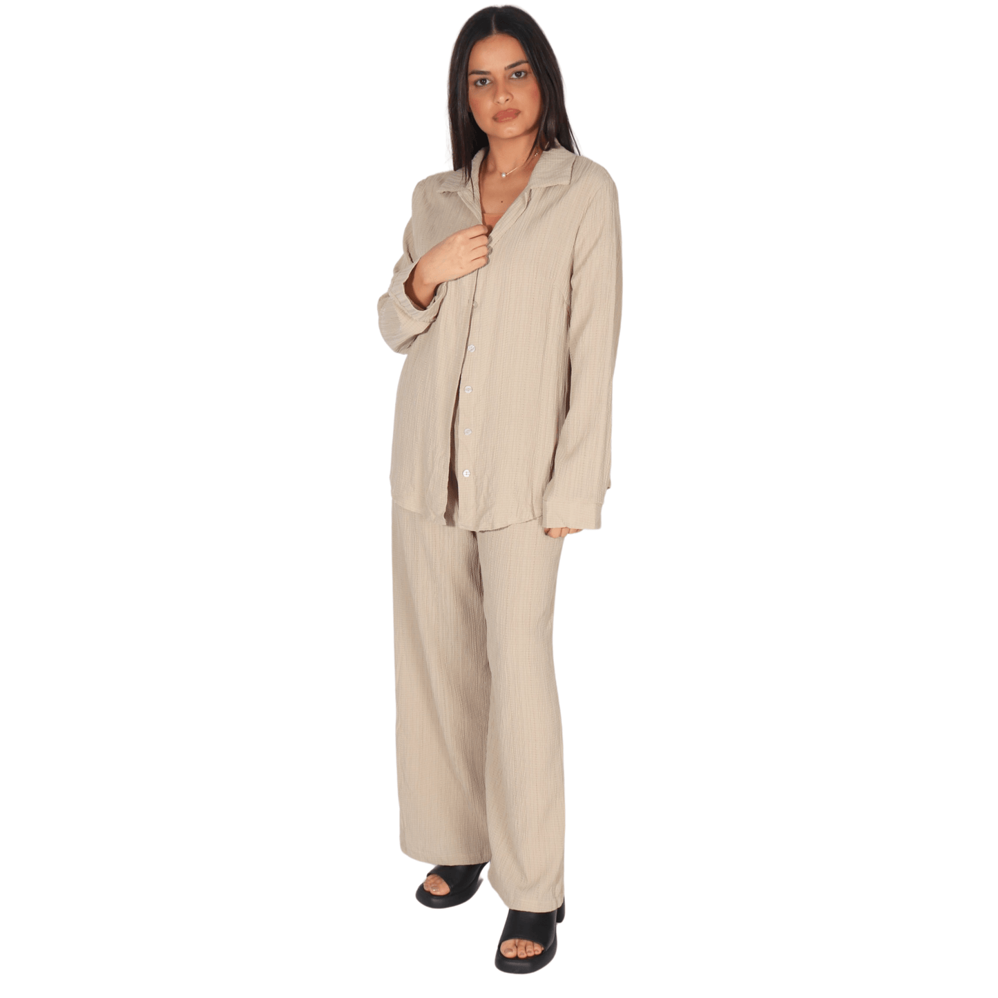 SHEIN Shein Women Sets S / Beige / 36 SHEIN - Button closure teXtured top and pants set