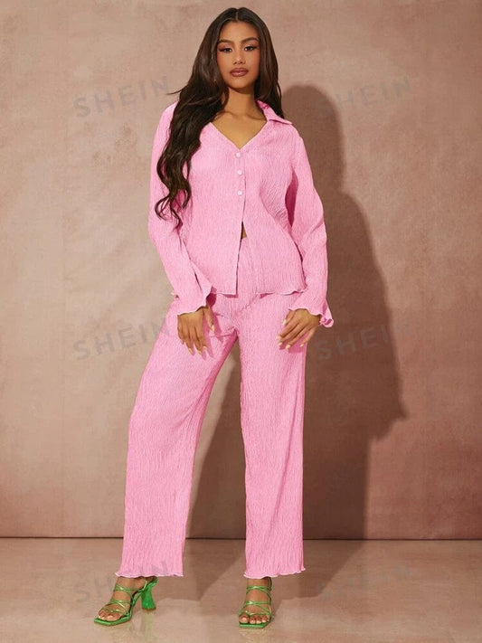 SHEIN Shein Women Sets SHEIN - Button Front Lettuce Trim Shirt & Wide Leg Pants Set