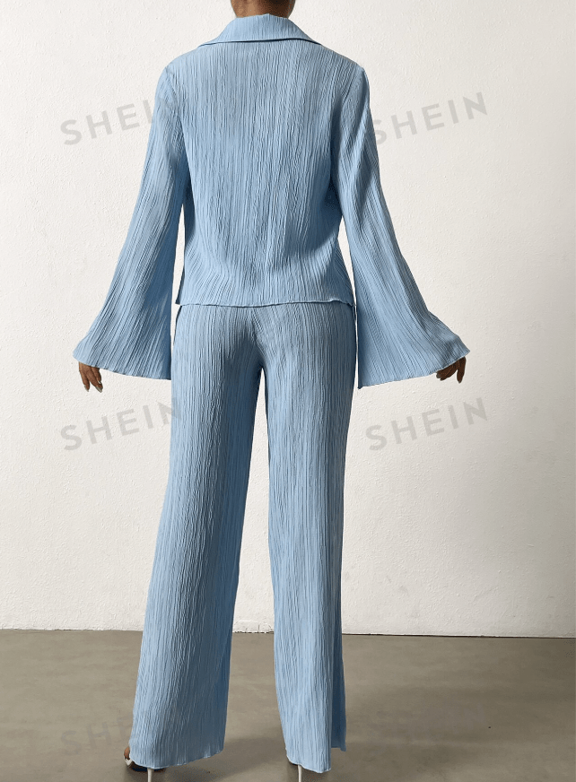 SHEIN Shein Women Sets SHEIN - Button Front Lettuce Trim Shirt & Wide Leg Pants Set