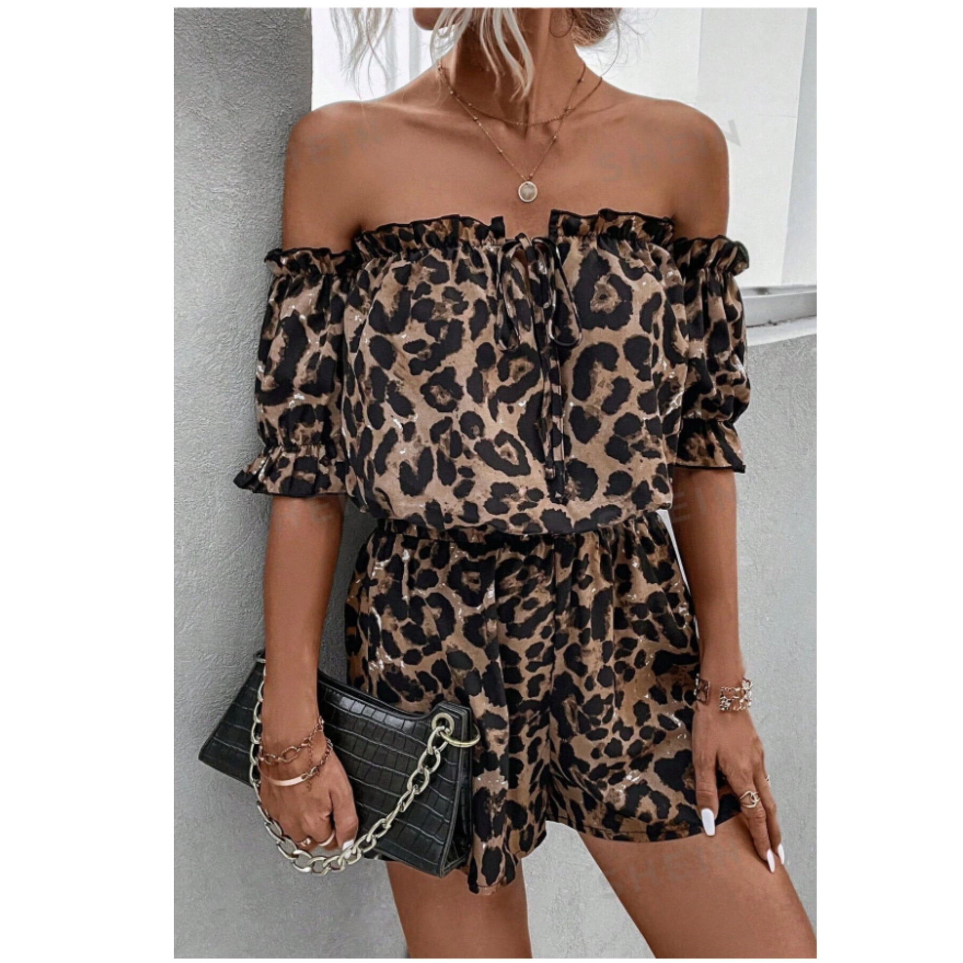 SHEIN Shein Women Sets S / Multi-Color / 26 SHEIN - Cheetah  Print Off Shoulder Frill top and shorts set