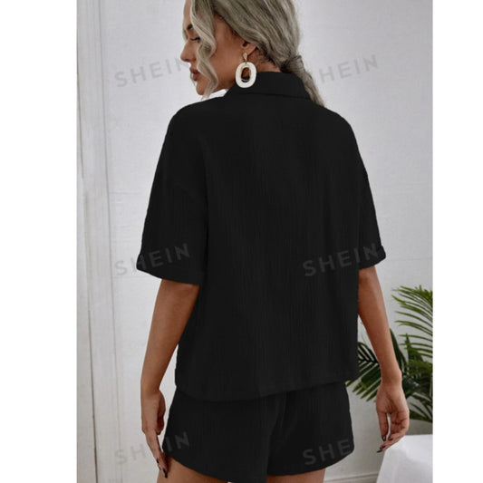 SHEIN Shein Women Sets XL / Black / 44 SHEIN - Dual Pocket Shirt & Shorts Set