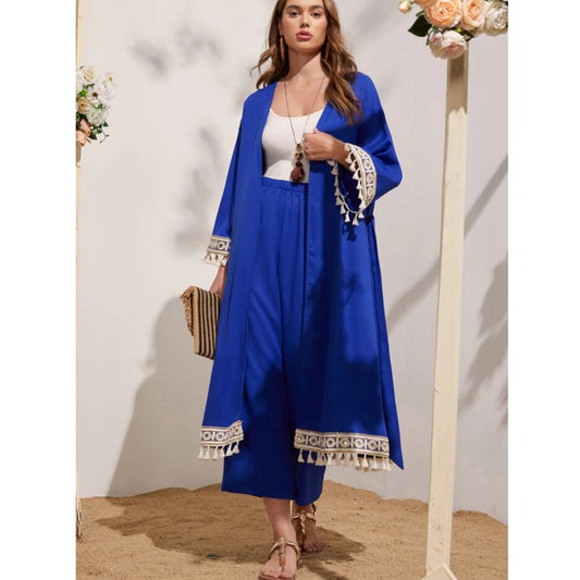 SHEIN Shein Women Sets M / Blue SHEIN - Embroidered Tape and Tassel Trim Abaya and Palazzo Pants Set